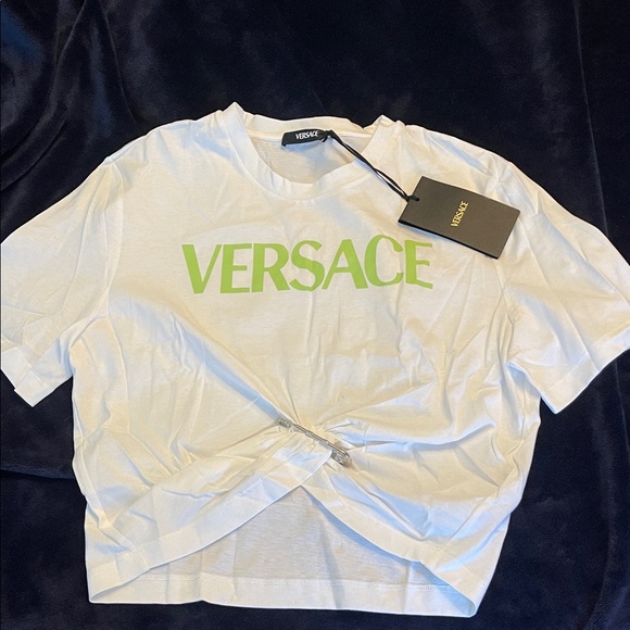 Versace Tops - Versace White Crop Tee with Lime Green Logo